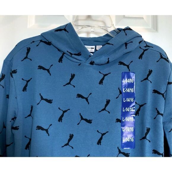 PUMA 🎉HPX4 🎉Youth S L (14-16) French Terry All-Over-Logo Hoodie/Blue/Unisex/NWT - Picture 7 of 15